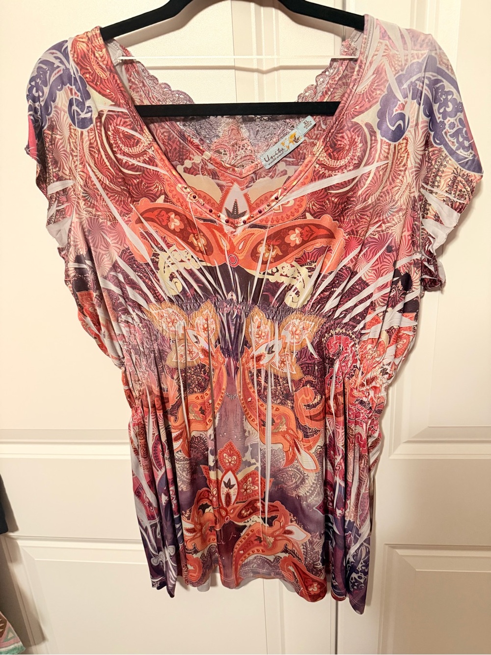 Unity World Wear Women's Multicolor Paisley V-Neck Blouse - Orange, Purple, Pink